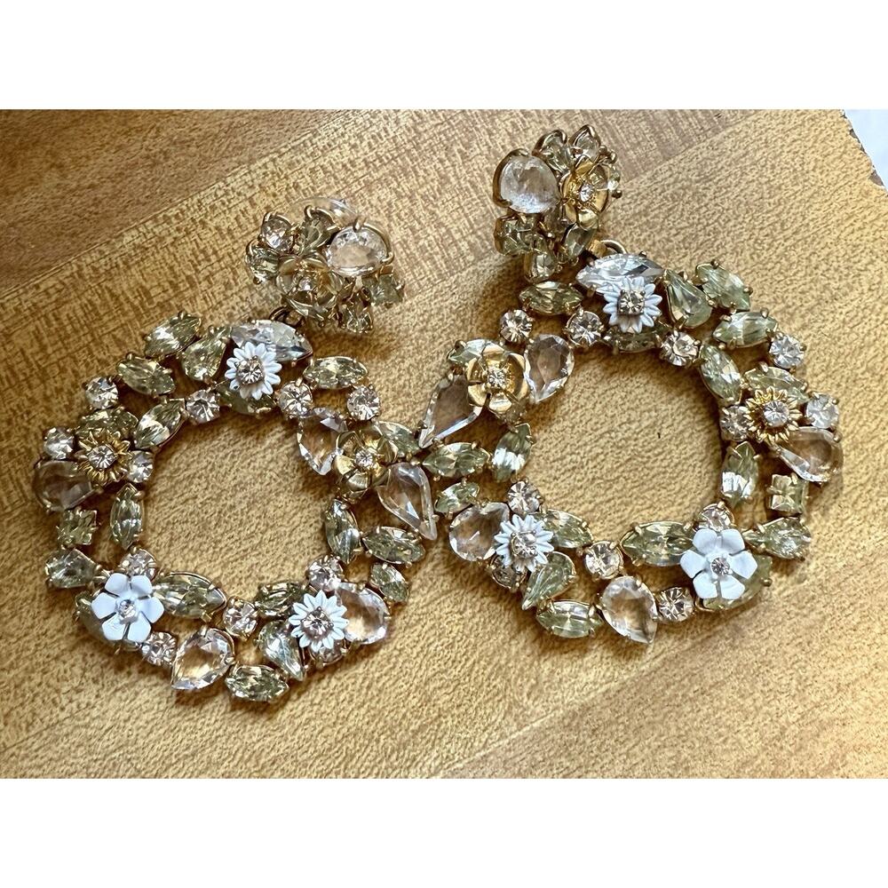 J.Crew Crystal White Wreath Earrings Gold Ox Plated Brass Flower Hoop Dangle